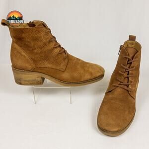 Lucky Brand Tamela Boots Lace Up Tan Nubuck Low Block Heel Bootie Women Size 9.5